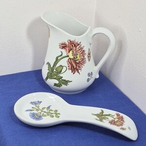 Vtg BIA Cordon Bleu Hand Decorated Floral Porcelain Pitcher and Spoon Rest